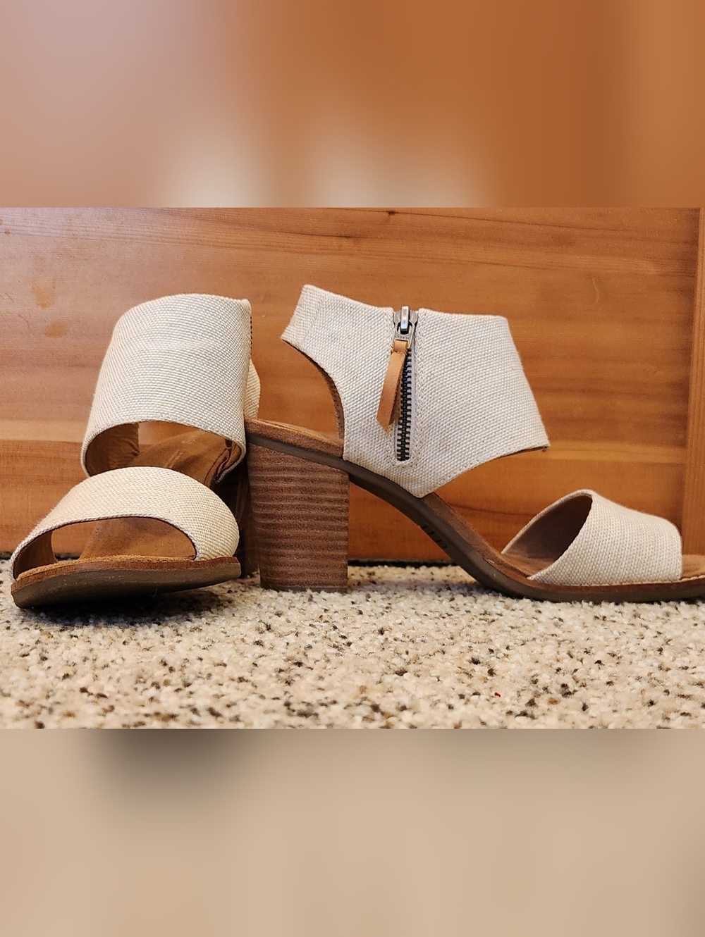 Tom's Woven Cream Open-Toe Block Heel Sandals with Side Zip